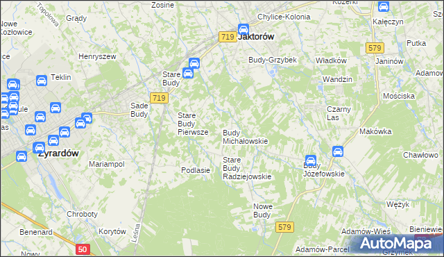 mapa Budy Michałowskie gmina Jaktorów, Budy Michałowskie gmina Jaktorów na mapie Targeo