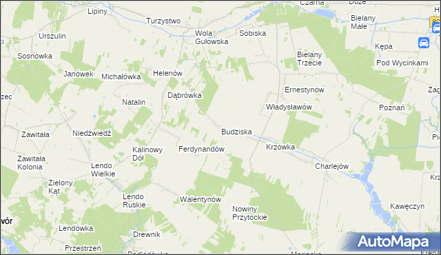 mapa Budziska gmina Adamów, Budziska gmina Adamów na mapie Targeo