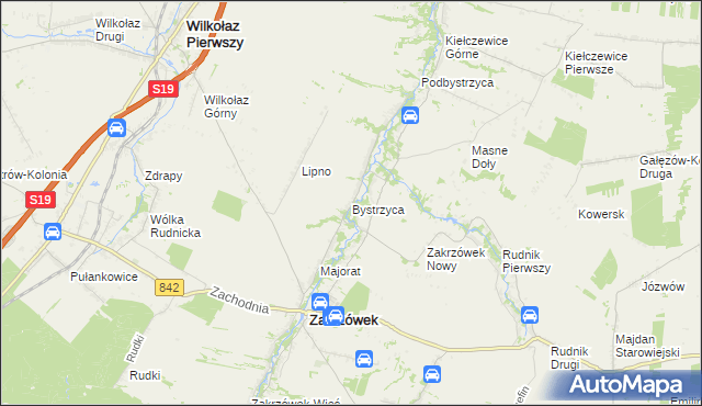 mapa Bystrzyca gmina Zakrzówek, Bystrzyca gmina Zakrzówek na mapie Targeo