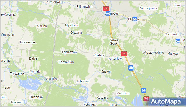 mapa Chełsty gmina Żarnów, Chełsty gmina Żarnów na mapie Targeo