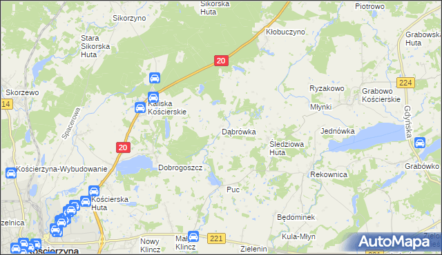 mapa Dąbrówka gmina Kościerzyna, Dąbrówka gmina Kościerzyna na mapie Targeo