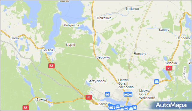 mapa Dębówko gmina Szczytno, Dębówko gmina Szczytno na mapie Targeo