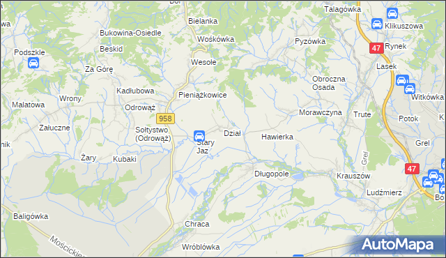 mapa Dział gmina Czarny Dunajec, Dział gmina Czarny Dunajec na mapie Targeo