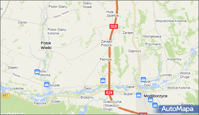 mapa Felinów gmina Modliborzyce, Felinów gmina Modliborzyce na mapie Targeo