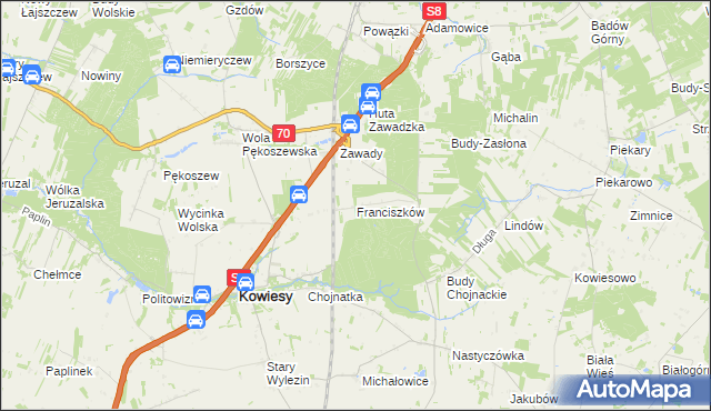 mapa Franciszków gmina Kowiesy, Franciszków gmina Kowiesy na mapie Targeo
