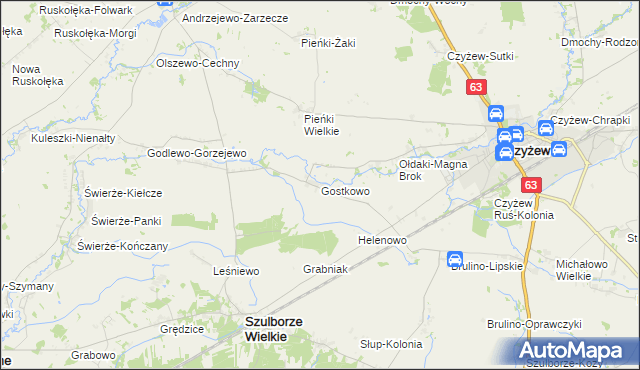 mapa Gostkowo gmina Szulborze Wielkie, Gostkowo gmina Szulborze Wielkie na mapie Targeo