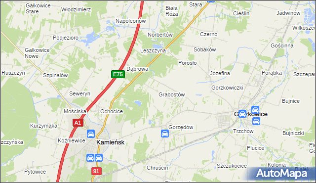 mapa Grabostów gmina Gorzkowice, Grabostów gmina Gorzkowice na mapie Targeo