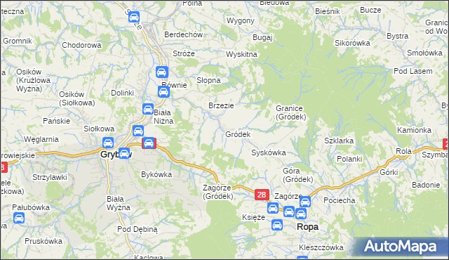 mapa Gródek gmina Grybów, Gródek gmina Grybów na mapie Targeo