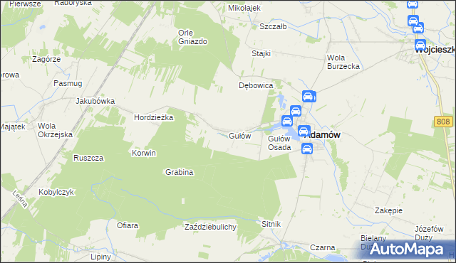 mapa Gułów gmina Adamów, Gułów gmina Adamów na mapie Targeo