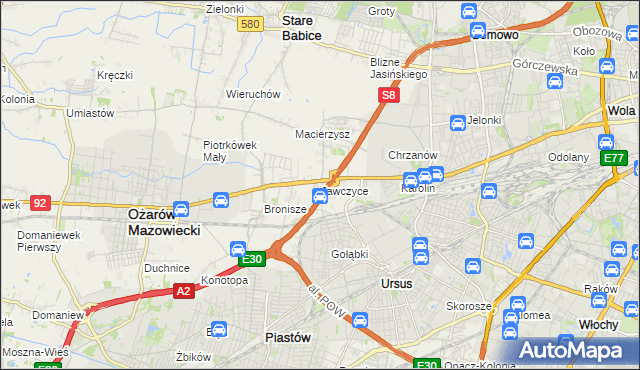 mapa Jawczyce gmina Ożarów Mazowiecki, Jawczyce gmina Ożarów Mazowiecki na mapie Targeo