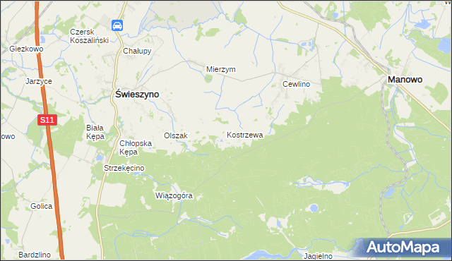 mapa Kostrzewa gmina Manowo, Kostrzewa gmina Manowo na mapie Targeo