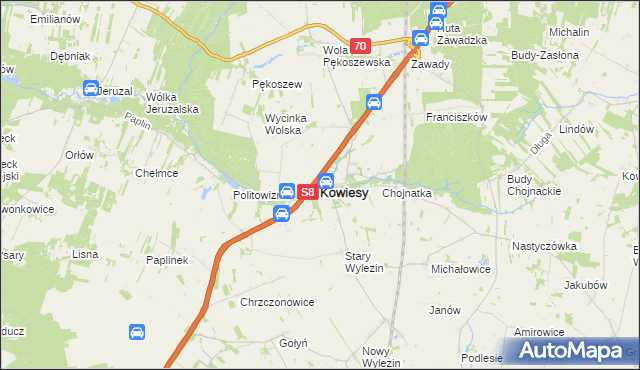 mapa Kowiesy powiat skierniewicki, Kowiesy powiat skierniewicki na mapie Targeo