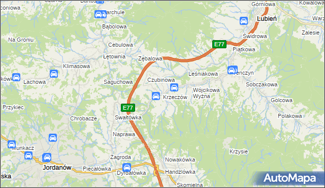 mapa Krzeczów gmina Lubień, Krzeczów gmina Lubień na mapie Targeo