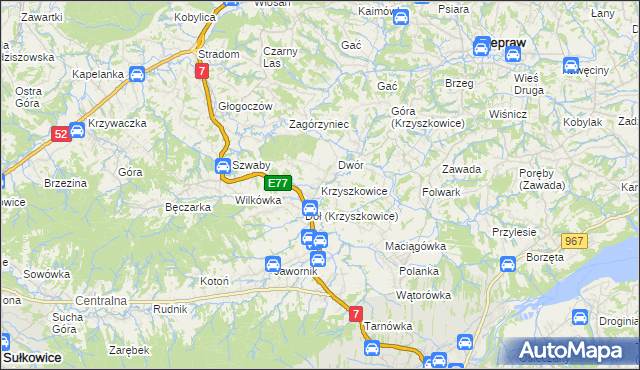 mapa Krzyszkowice gmina Myślenice, Krzyszkowice gmina Myślenice na mapie Targeo