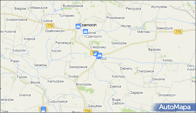 mapa Krzyż gmina Czarnocin, Krzyż gmina Czarnocin na mapie Targeo