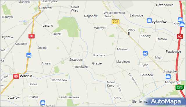 mapa Kuchary gmina Krzyżanów, Kuchary gmina Krzyżanów na mapie Targeo