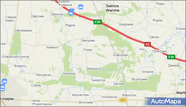 mapa Ładawy gmina Świnice Warckie, Ładawy gmina Świnice Warckie na mapie Targeo