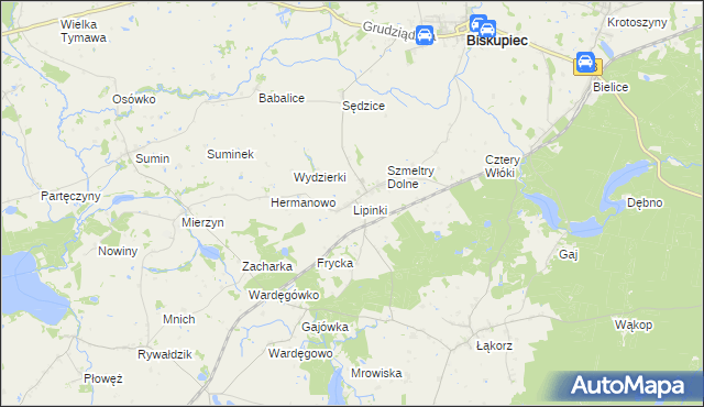 mapa Lipinki gmina Biskupiec, Lipinki gmina Biskupiec na mapie Targeo