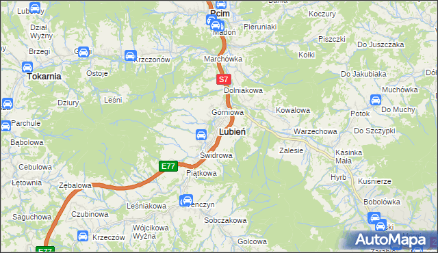 mapa Lubień powiat myślenicki, Lubień powiat myślenicki na mapie Targeo