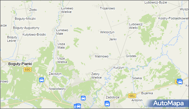 mapa Malinowo gmina Klukowo, Malinowo gmina Klukowo na mapie Targeo