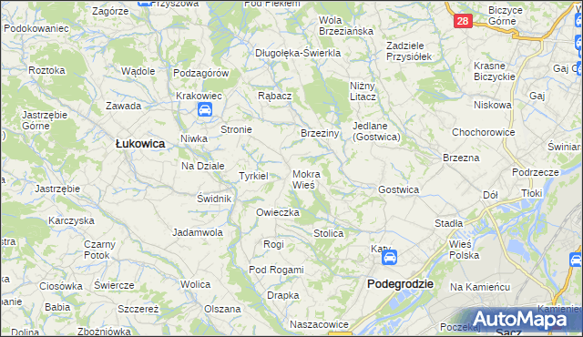 mapa Mokra Wieś gmina Podegrodzie, Mokra Wieś gmina Podegrodzie na mapie Targeo