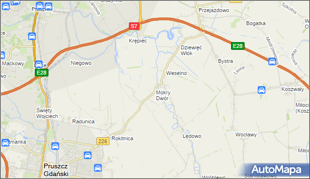 mapa Mokry Dwór gmina Pruszcz Gdański, Mokry Dwór gmina Pruszcz Gdański na mapie Targeo