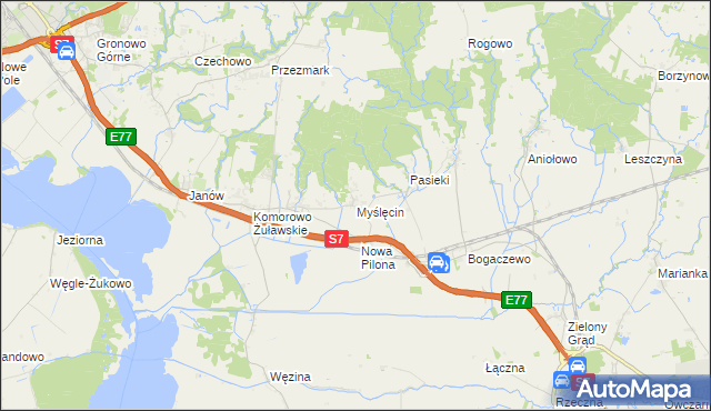 mapa Myślęcin gmina Elbląg, Myślęcin gmina Elbląg na mapie Targeo