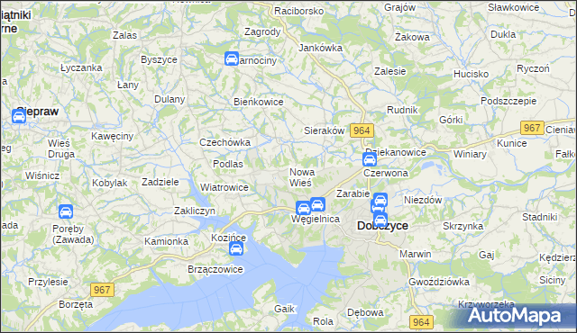 mapa Nowa Wieś gmina Dobczyce, Nowa Wieś gmina Dobczyce na mapie Targeo