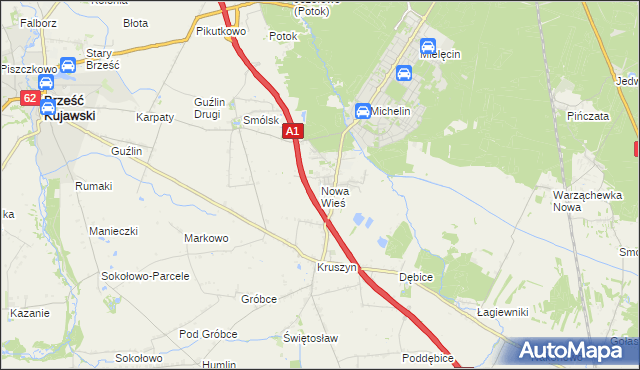 mapa Nowa Wieś gmina Włocławek, Nowa Wieś gmina Włocławek na mapie Targeo