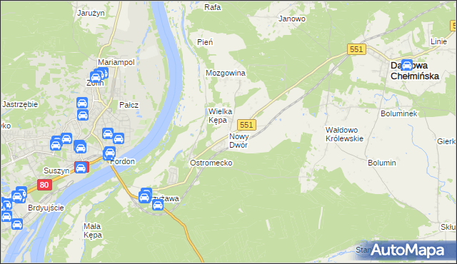 mapa Nowy Dwór gmina Dąbrowa Chełmińska, Nowy Dwór gmina Dąbrowa Chełmińska na mapie Targeo