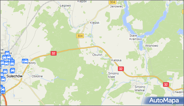 mapa Okunin gmina Sulechów, Okunin gmina Sulechów na mapie Targeo