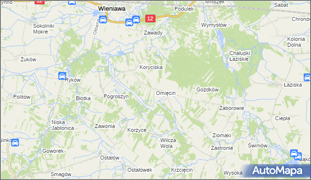 mapa Omięcin gmina Szydłowiec, Omięcin gmina Szydłowiec na mapie Targeo