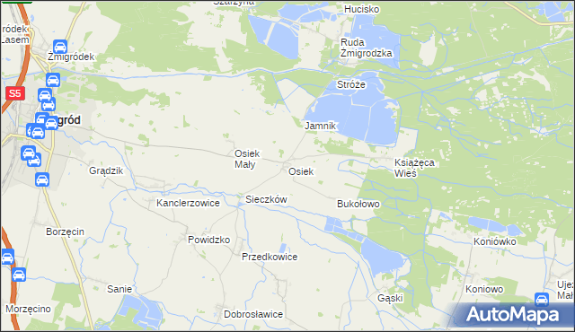 mapa Osiek gmina Żmigród, Osiek gmina Żmigród na mapie Targeo