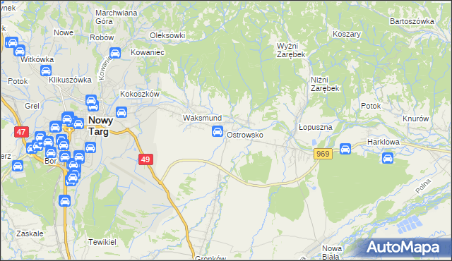 mapa Ostrowsko gmina Nowy Targ, Ostrowsko gmina Nowy Targ na mapie Targeo