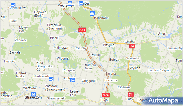 mapa Pępice gmina Mniów, Pępice gmina Mniów na mapie Targeo