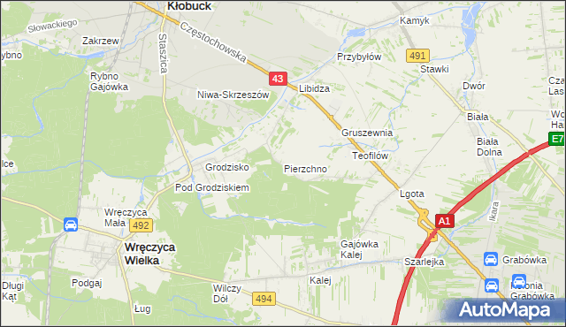 mapa Pierzchno gmina Wręczyca Wielka, Pierzchno gmina Wręczyca Wielka na mapie Targeo