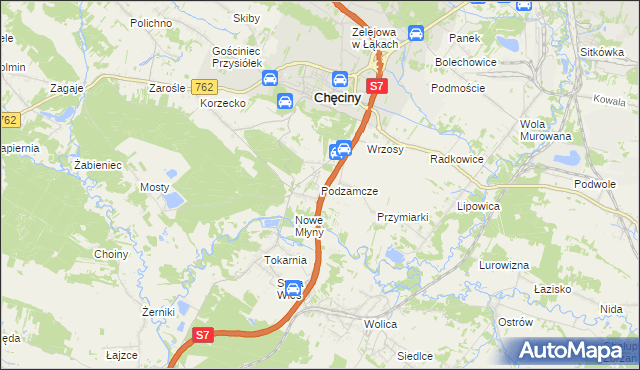 mapa Podzamcze gmina Chęciny, Podzamcze gmina Chęciny na mapie Targeo
