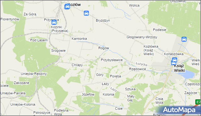 mapa Przybysławice gmina Kozłów, Przybysławice gmina Kozłów na mapie Targeo