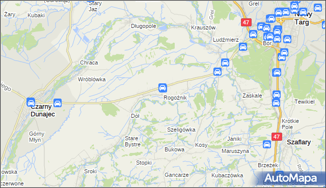 mapa Rogoźnik gmina Nowy Targ, Rogoźnik gmina Nowy Targ na mapie Targeo