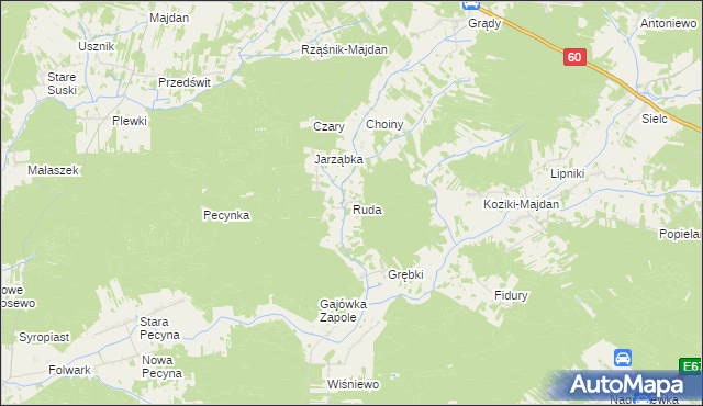 mapa Ruda gmina Wąsewo, Ruda gmina Wąsewo na mapie Targeo