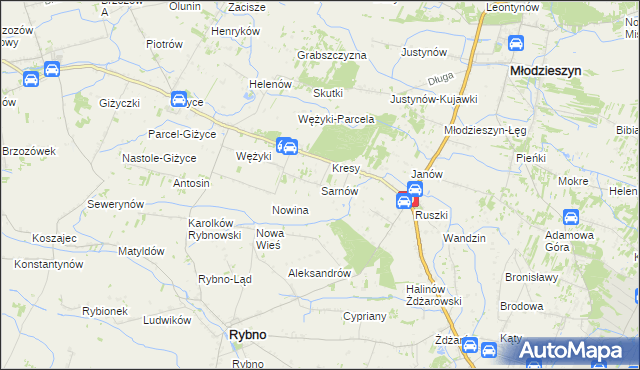 mapa Sarnów gmina Rybno, Sarnów gmina Rybno na mapie Targeo