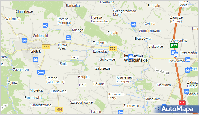 mapa Sułkowice gmina Iwanowice, Sułkowice gmina Iwanowice na mapie Targeo