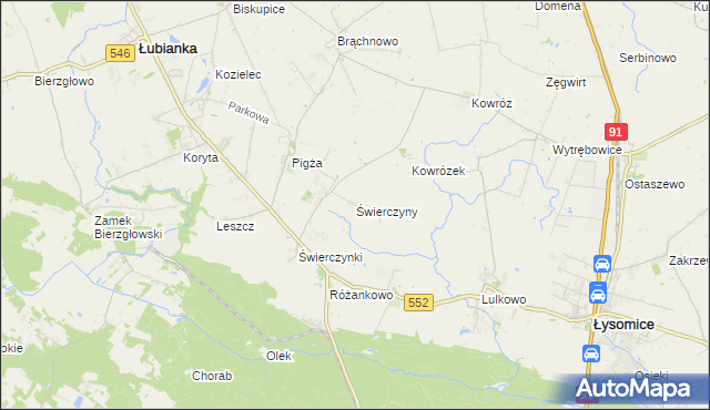 mapa Świerczyny gmina Łysomice, Świerczyny gmina Łysomice na mapie Targeo