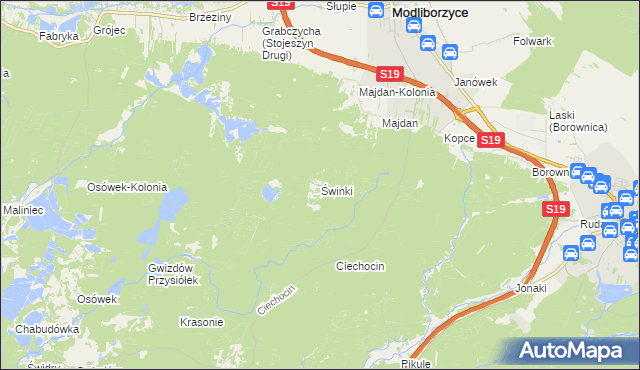mapa Świnki gmina Modliborzyce, Świnki gmina Modliborzyce na mapie Targeo