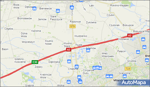 mapa Tłuste gmina Grodzisk Mazowiecki, Tłuste gmina Grodzisk Mazowiecki na mapie Targeo