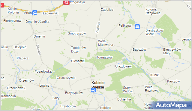 mapa Tomaszów gmina Kobiele Wielkie, Tomaszów gmina Kobiele Wielkie na mapie Targeo
