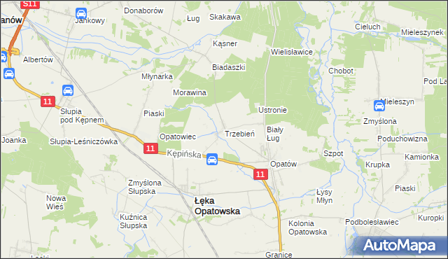 mapa Trzebień gmina Łęka Opatowska, Trzebień gmina Łęka Opatowska na mapie Targeo