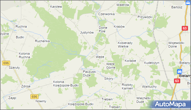 mapa Węże gmina Sokołów Podlaski, Węże gmina Sokołów Podlaski na mapie Targeo