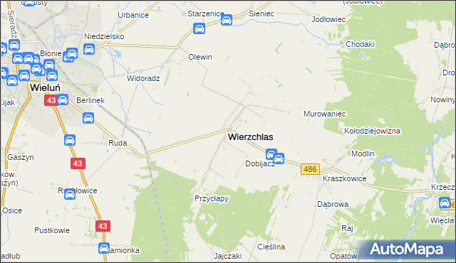 mapa Wierzchlas powiat wieluński, Wierzchlas powiat wieluński na mapie Targeo