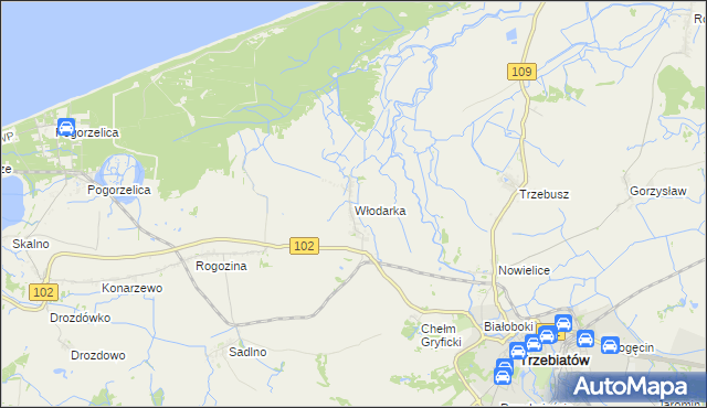 mapa Włodarka gmina Trzebiatów, Włodarka gmina Trzebiatów na mapie Targeo